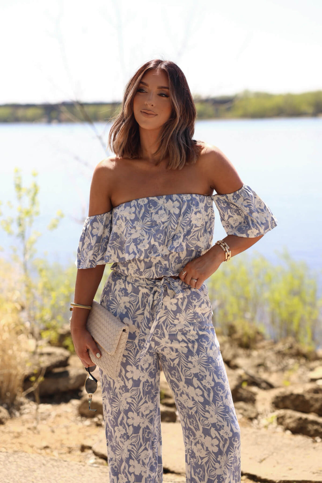 Blue Floral Print Linen Pants - DOORBUSTER