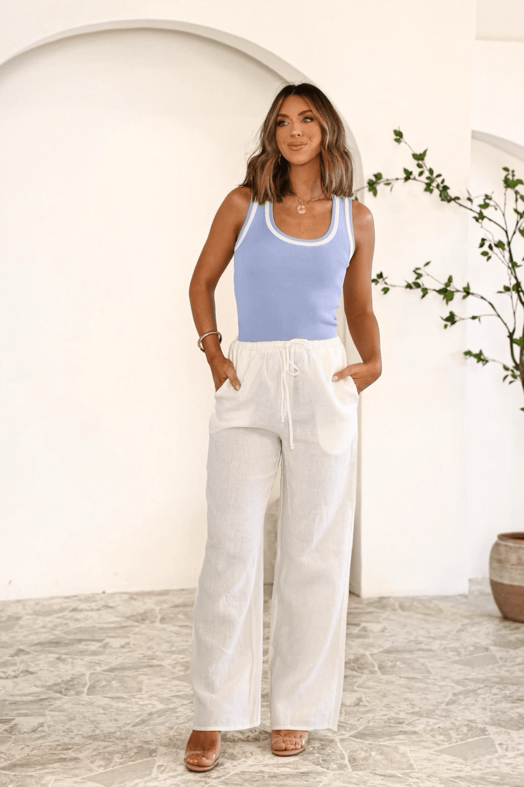 Breezy Linen Wide Leg Pants - White - DOORBUSTER