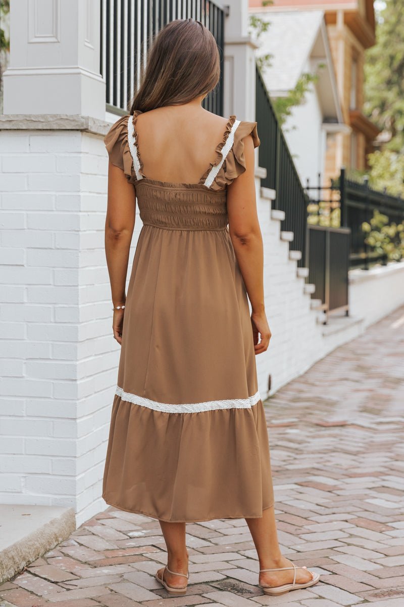 Brown Contrast Flutter Sleeve Midi Dress - FINAL SALE
