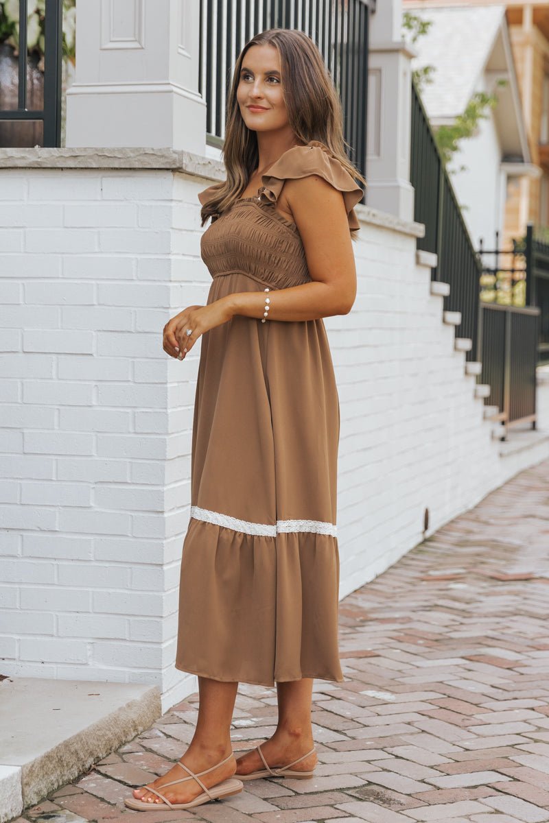 Brown Contrast Flutter Sleeve Midi Dress - FINAL SALE