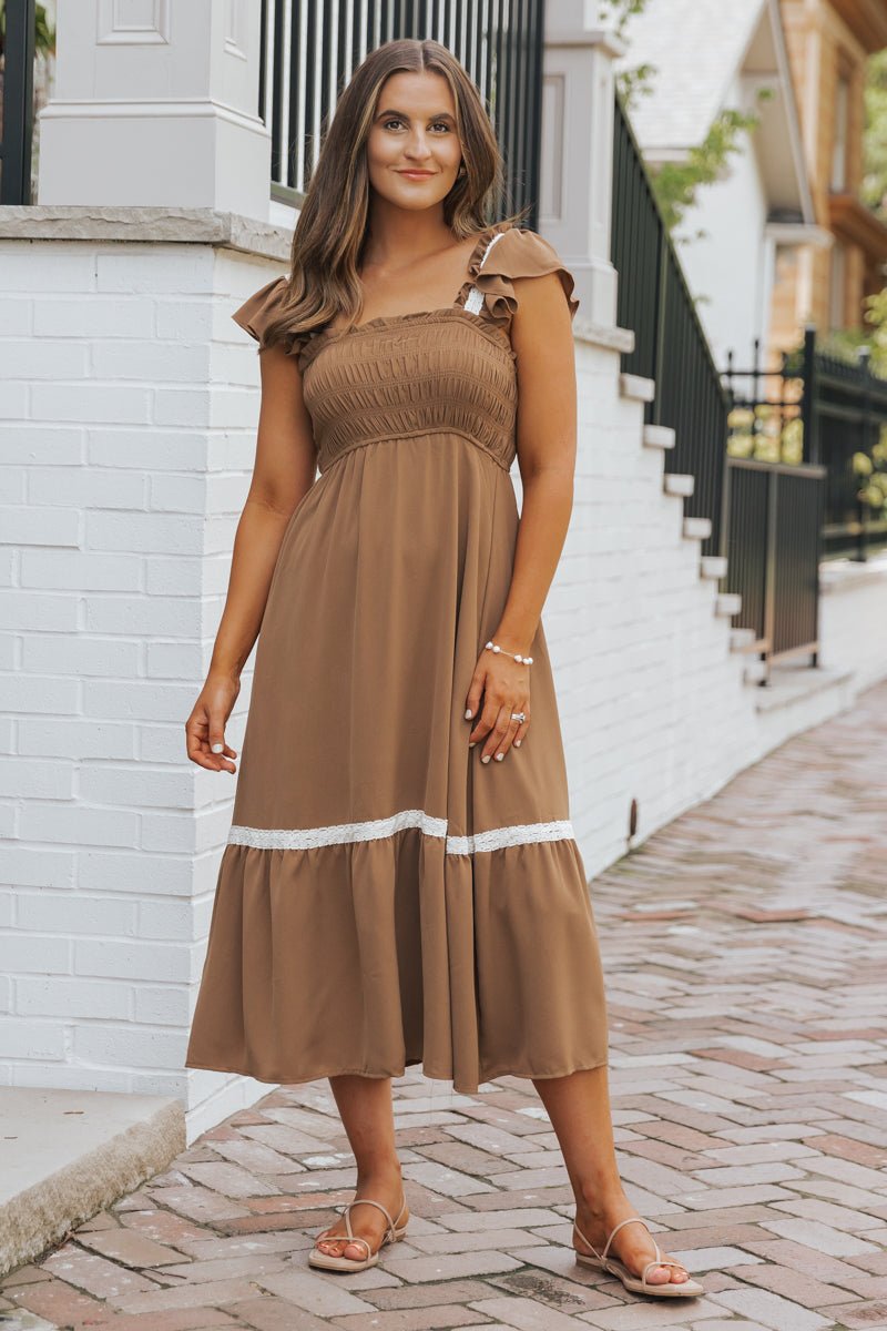Brown Contrast Flutter Sleeve Midi Dress - FINAL SALE