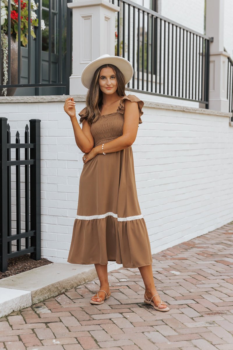 Brown Contrast Flutter Sleeve Midi Dress - FINAL SALE