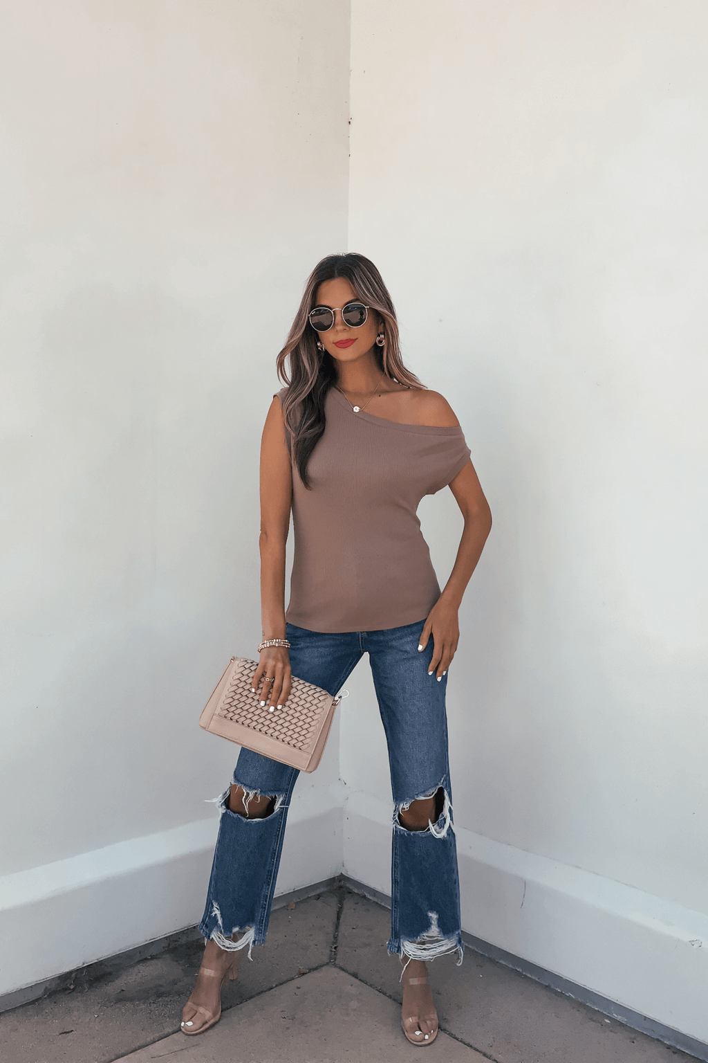 Brown Off The Shoulder Ribbed Top - FINAL SALE