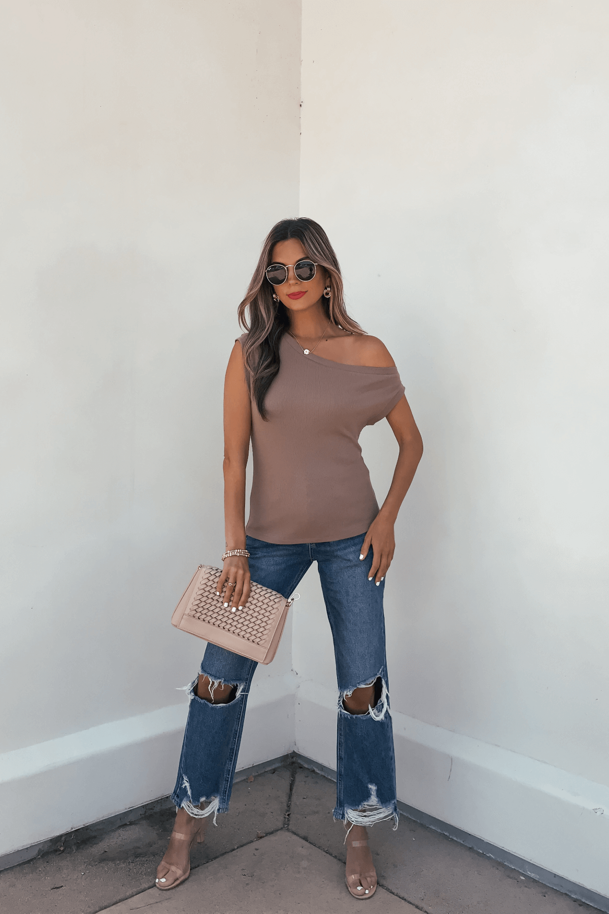 Brown Off The Shoulder Ribbed Top - FINAL SALE