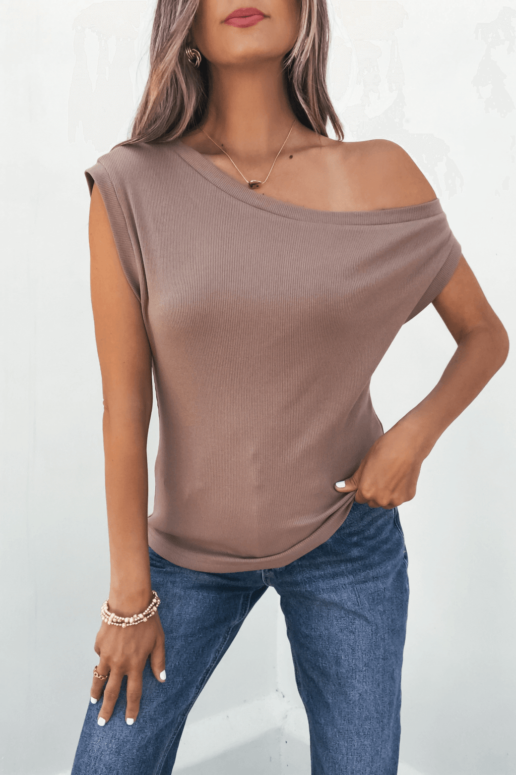 Brown Off The Shoulder Ribbed Top - FINAL SALE