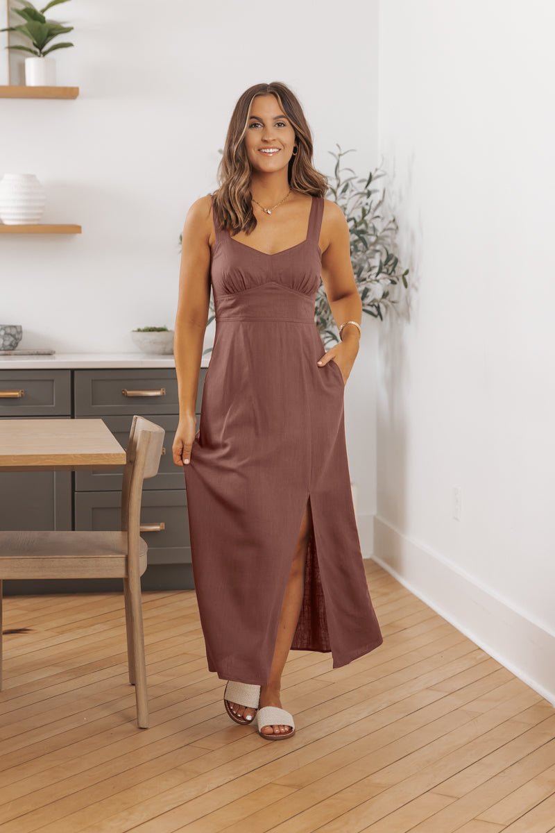 Brown V Neck Linen Midi Dress - DOORBUSTER