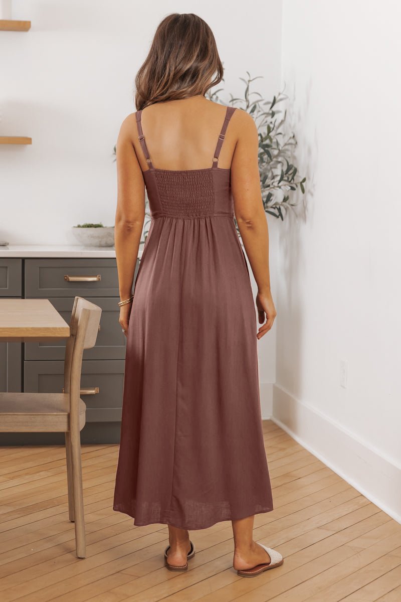 Brown V Neck Linen Midi Dress - DOORBUSTER