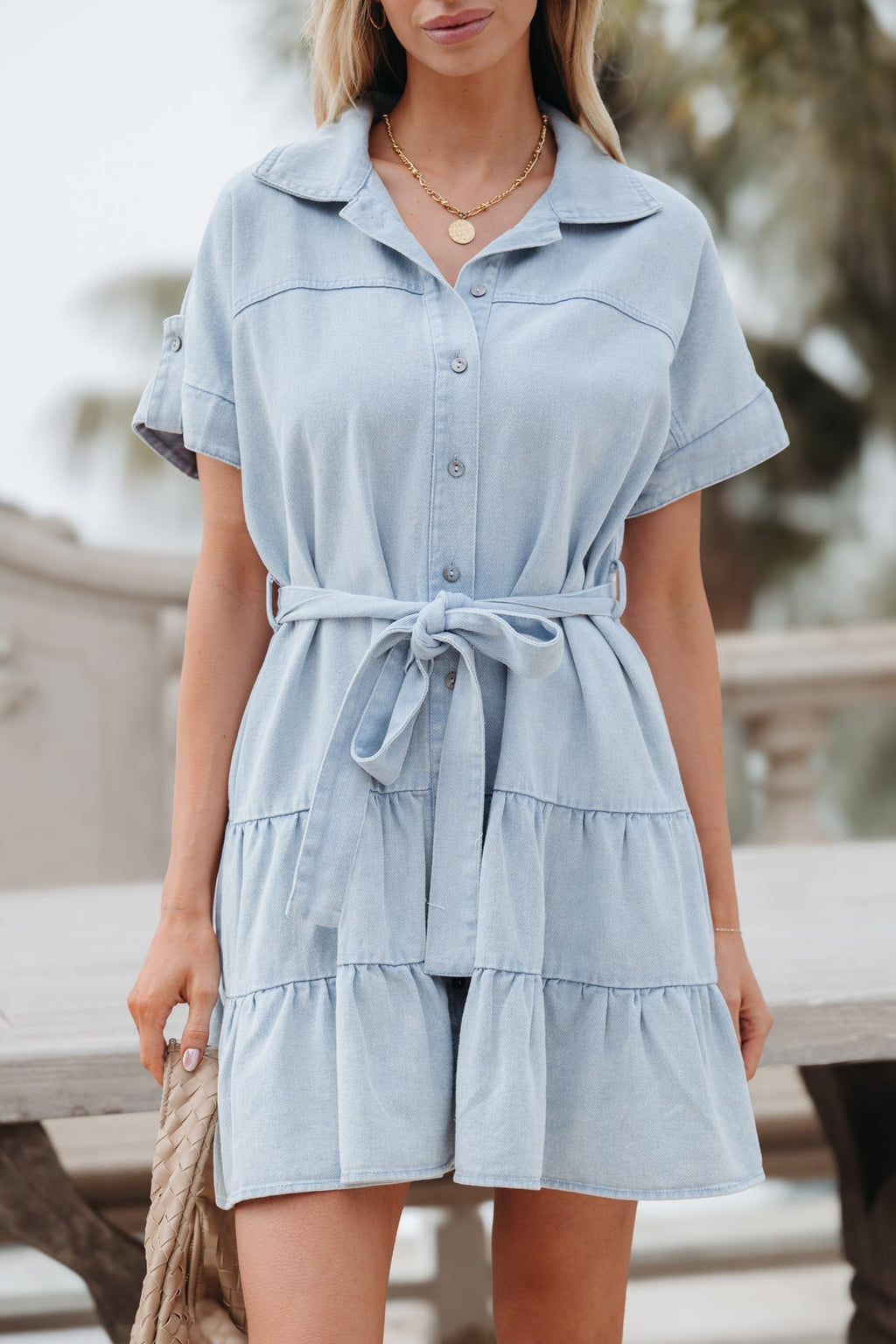 Button Down Tiered Mini Dress - Light Denim - FINAL SALE