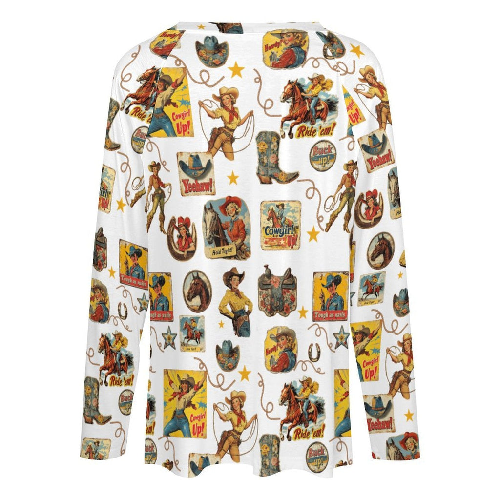 Baha Ranch Vintage Cowgirl Collage Western Print Long Sleeve Top