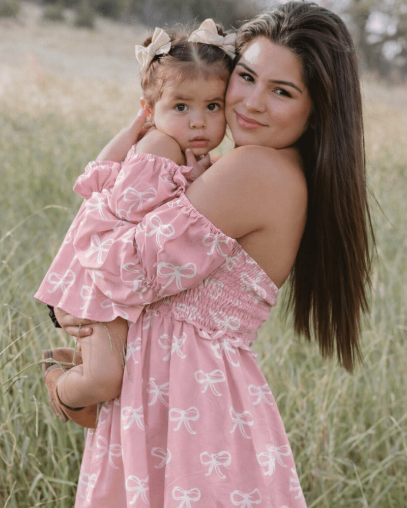 Calliope Puff Sleeve Off Shoulder Dress - Pink Bows