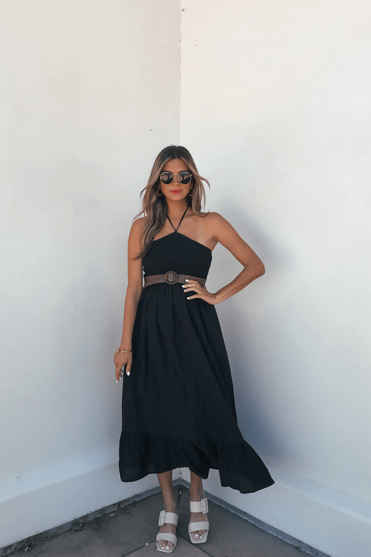 Camille Black Halter Belted Midi Dress - DOORBUSTER