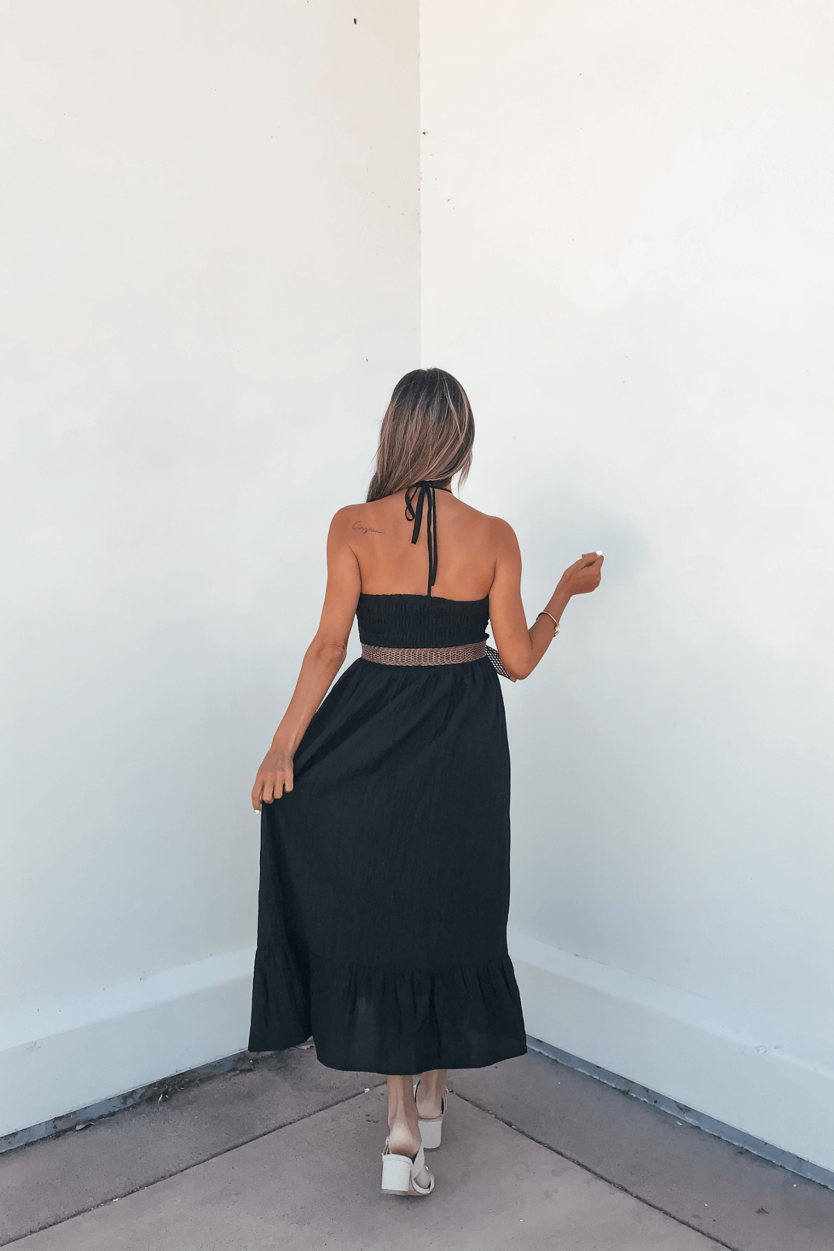 Camille Black Halter Belted Midi Dress - DOORBUSTER