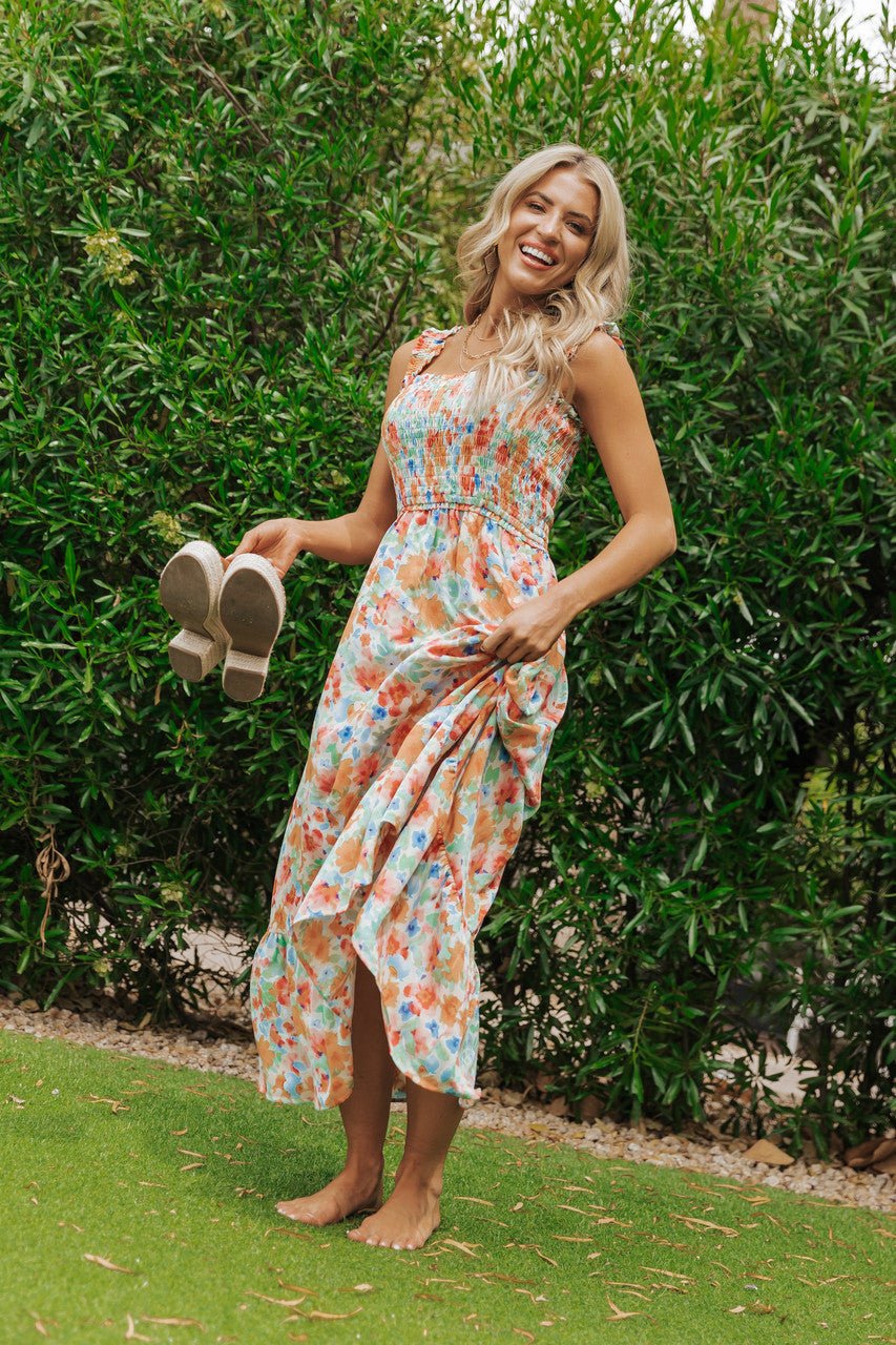 Caribbean Green Floral Smocked Maxi Dress-FINAL SALE