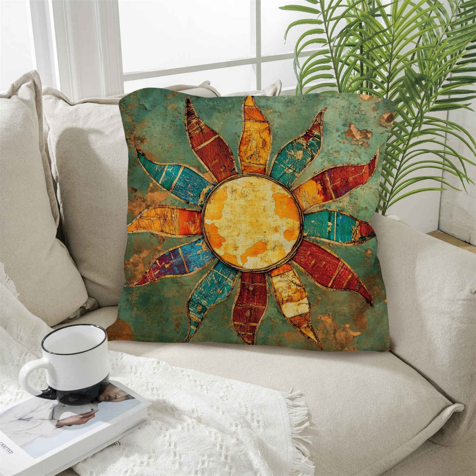Colores de Mexico Sun Face Throw Pillow Case Made in America