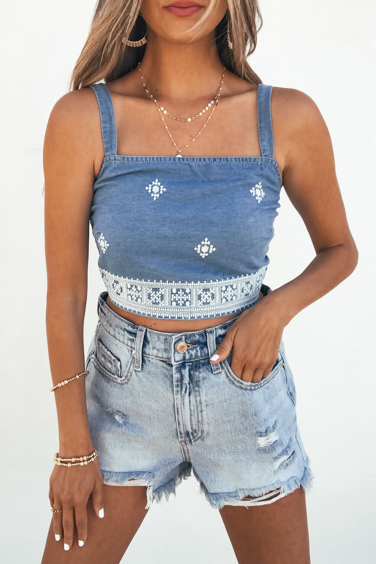Chambray Diamond Shape Eyelet Smocked Tank Top - DOORBUSTER