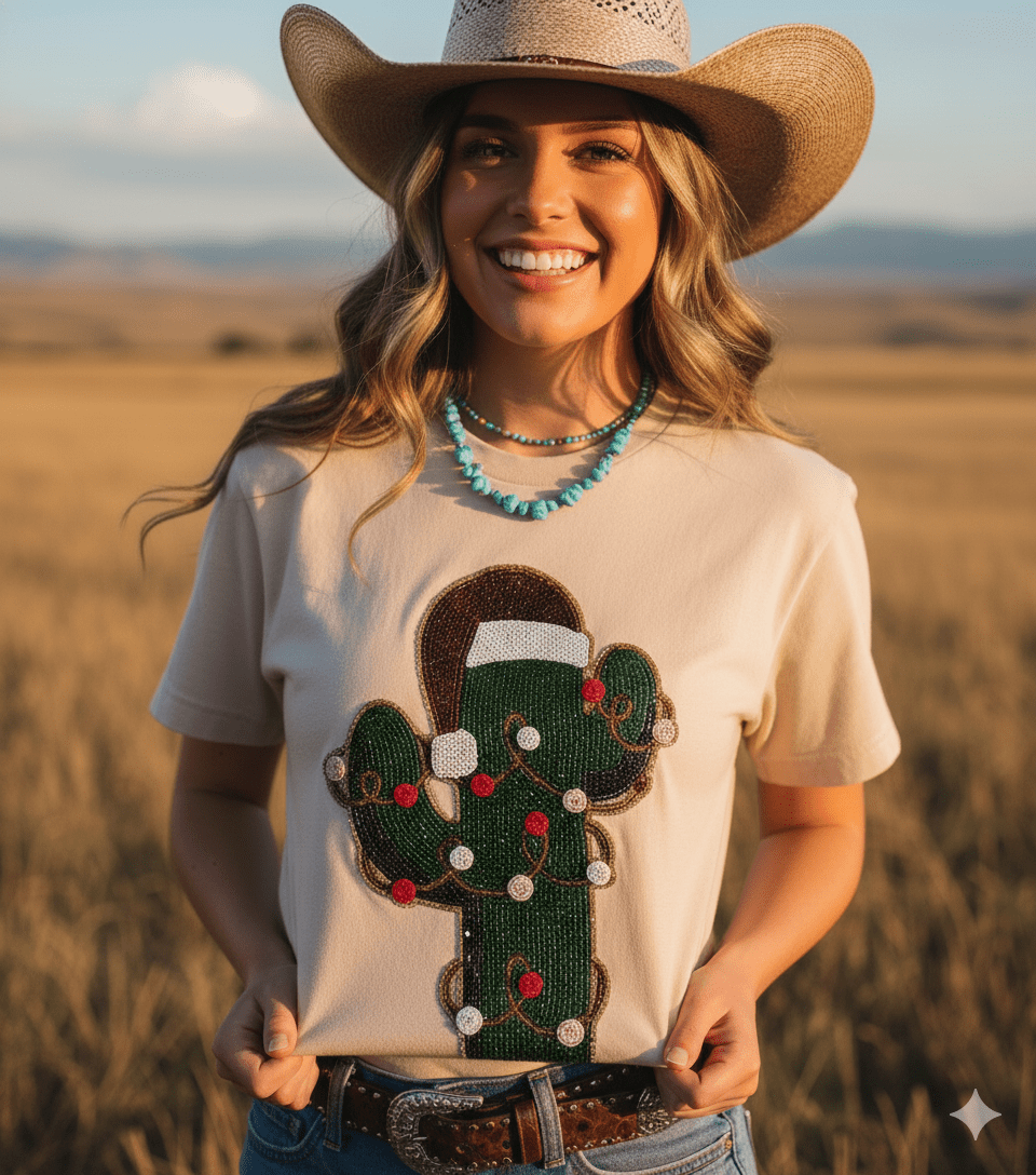 Christmas Cactus Sequins Patch Tee