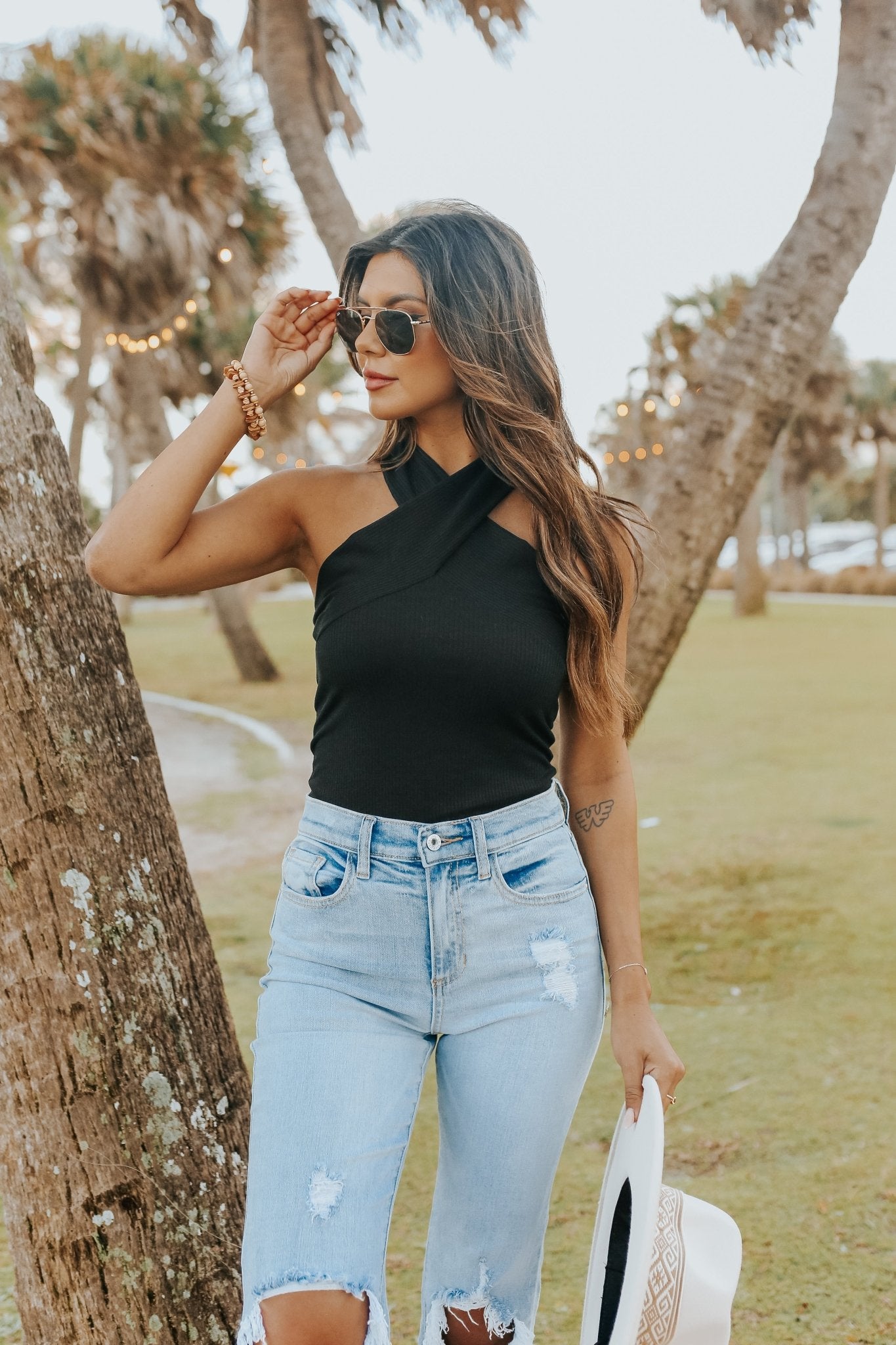 Cross Front Halter Ribbed Bodysuit - FINAL SALE