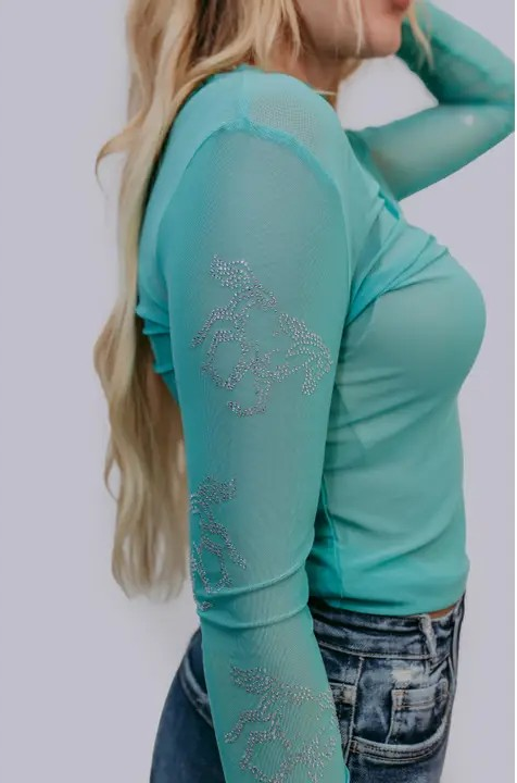 Turquoise Rodeo Rhinestone Mesh Top