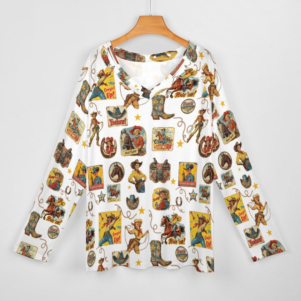 Baha Ranch Vintage Cowgirl Collage Western Print Long Sleeve Top