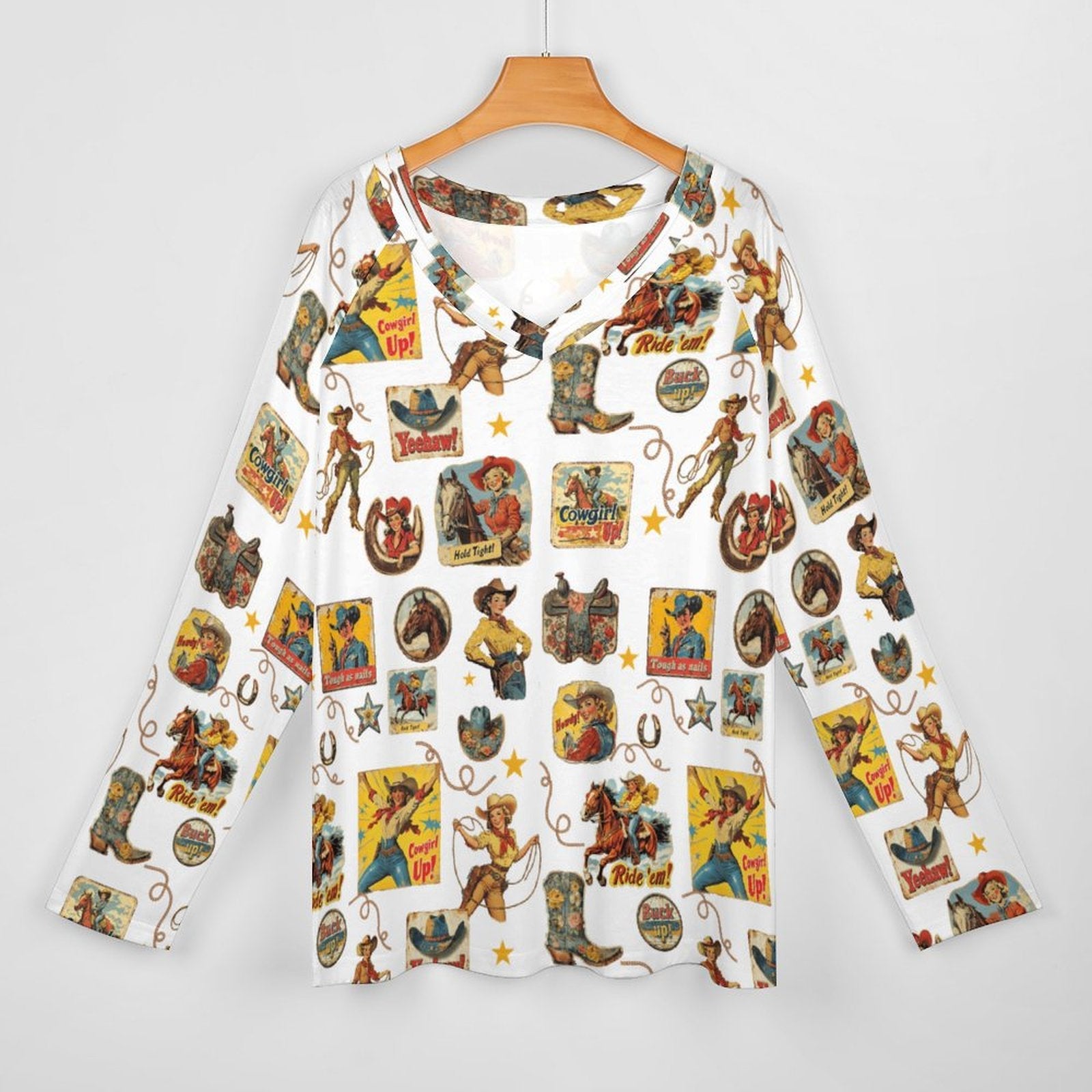 Baha Ranch Vintage Cowgirl Collage Western Print Long Sleeve Top