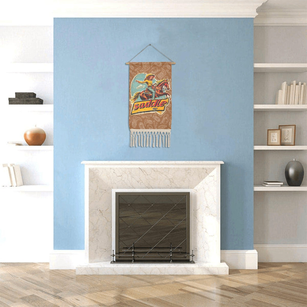 Saddle Up Western Wall Decor Linen Hanging Poster with Fringe Made in America