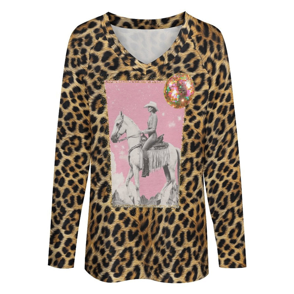 Baha Ranch Retro Pop Western Leopard Cowgirl Long Sleeve Top