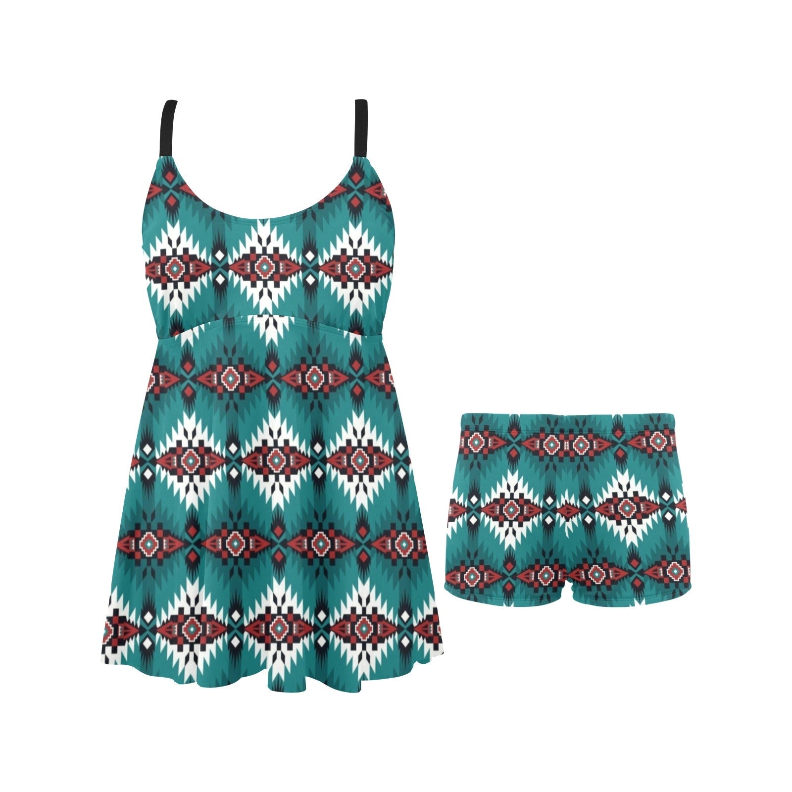 Teal Aztec Swim Dress & Shorts Set