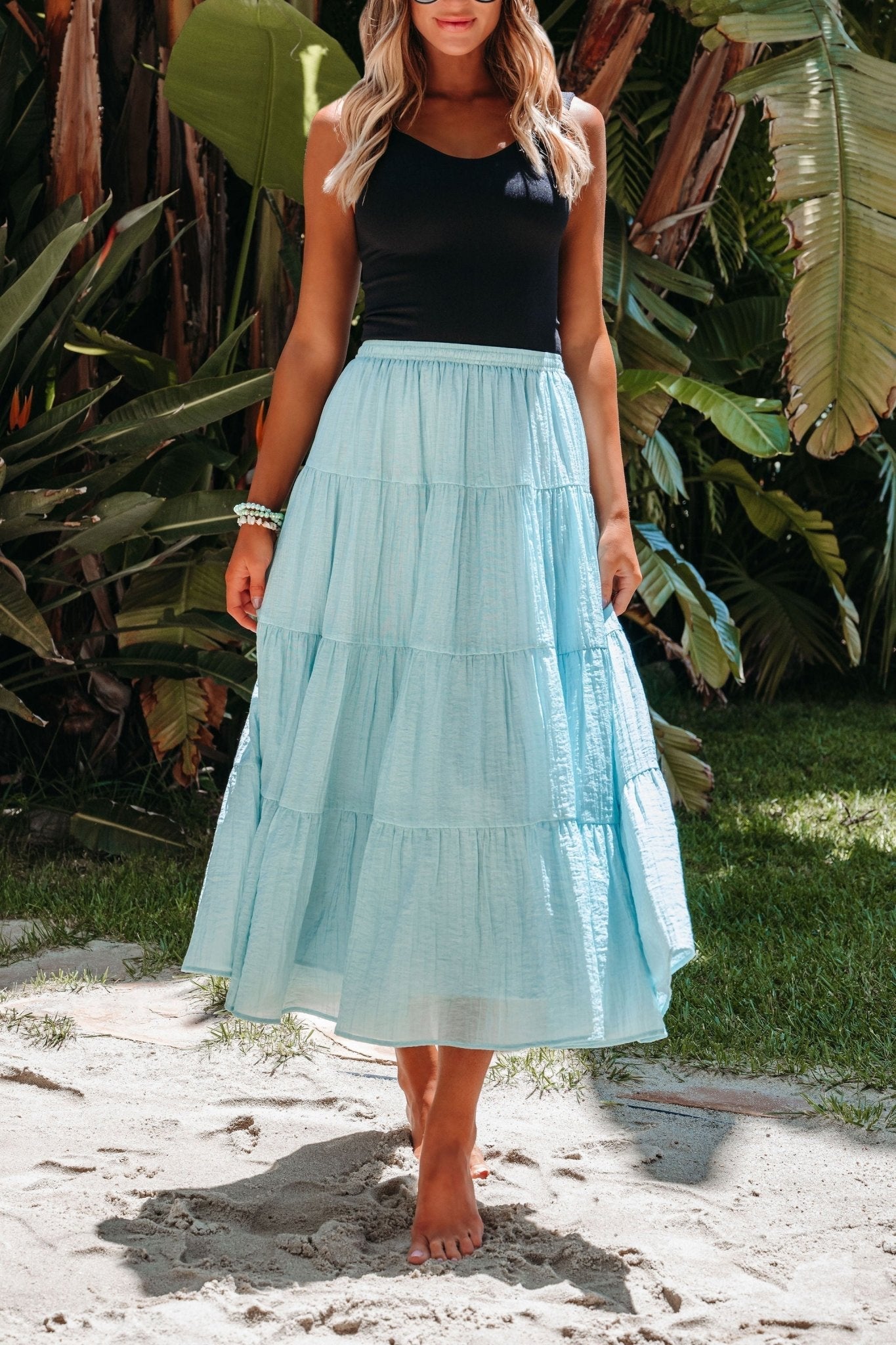 Evangeline Light Blue Tiered Midi Skirt - FINAL SALE