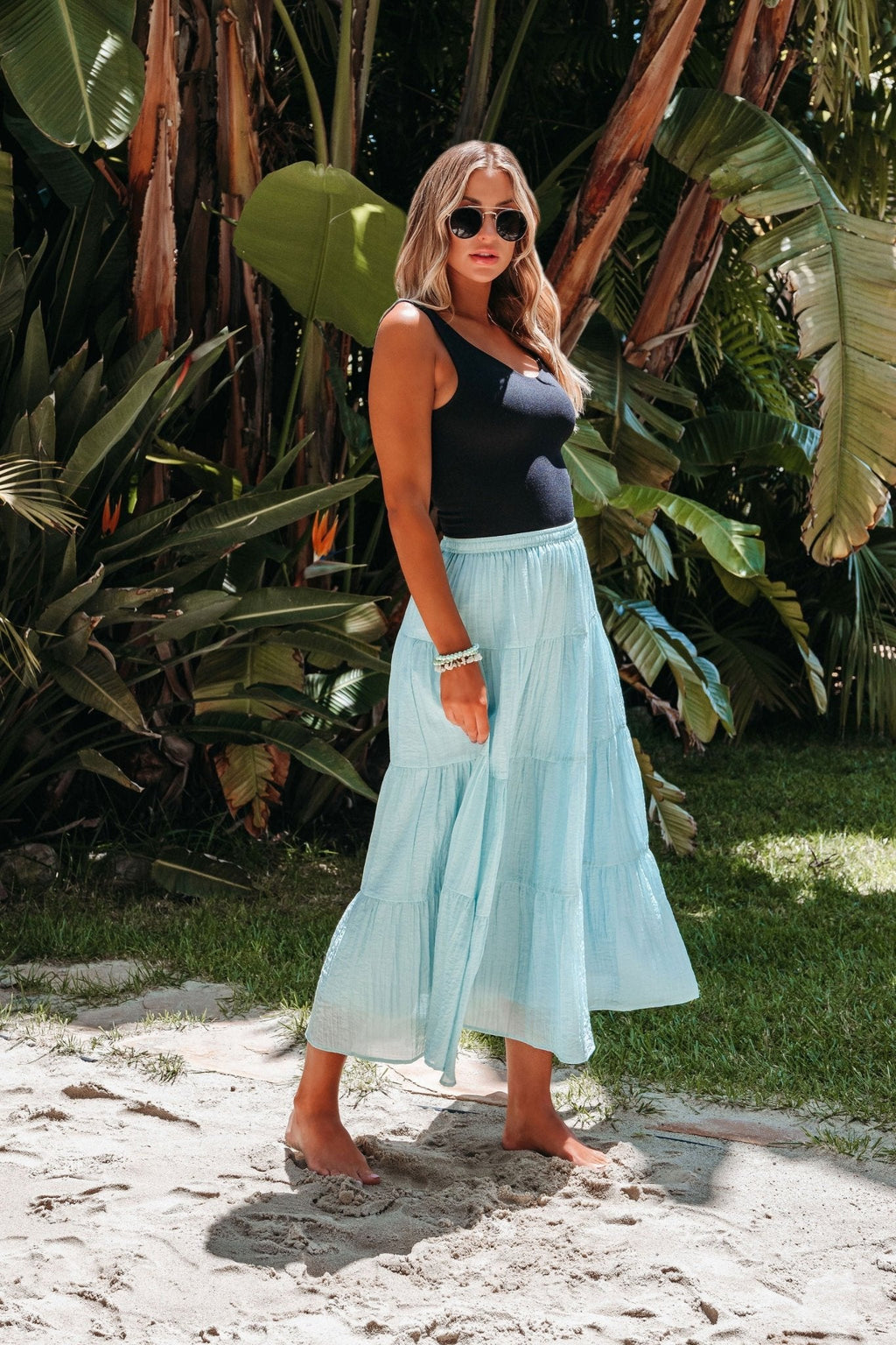 Evangeline Light Blue Tiered Midi Skirt - FINAL SALE