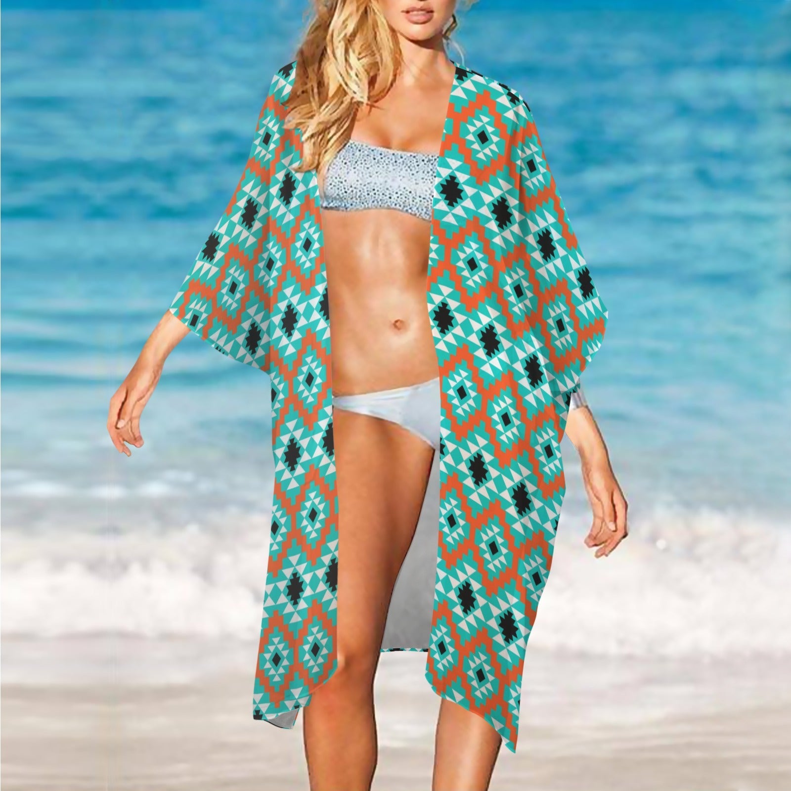 Turquoise Aztec Duster Kimono Coverup