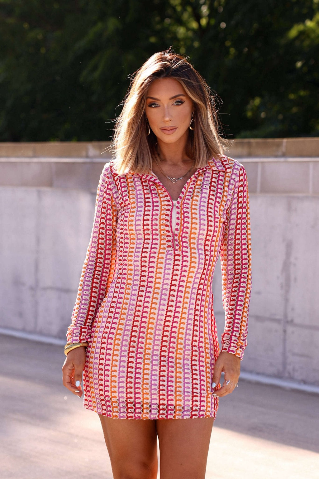 Fuchsia Multi Striped Crochet Mini Dress - DOORBUSTER