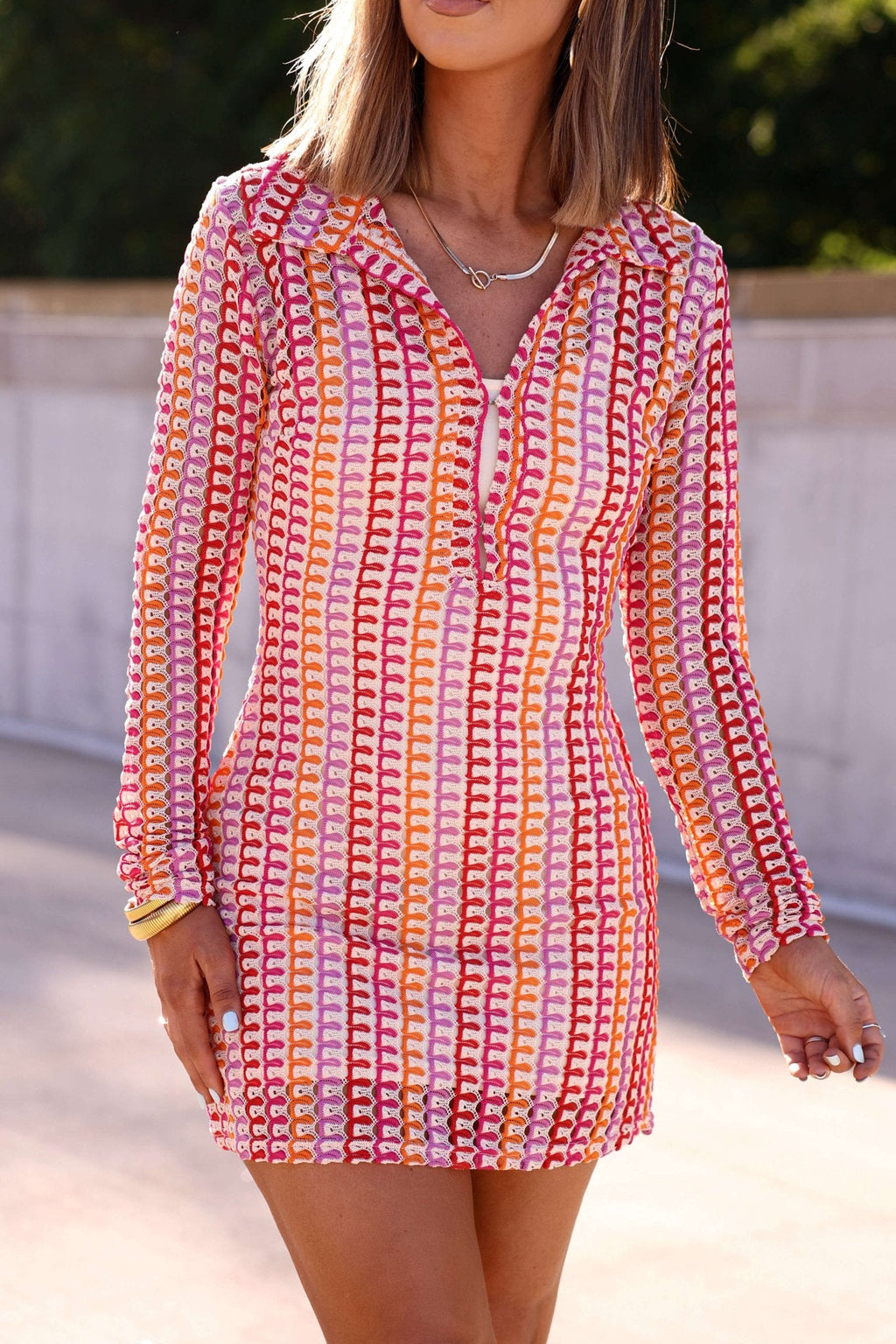 Fuchsia Multi Striped Crochet Mini Dress - DOORBUSTER