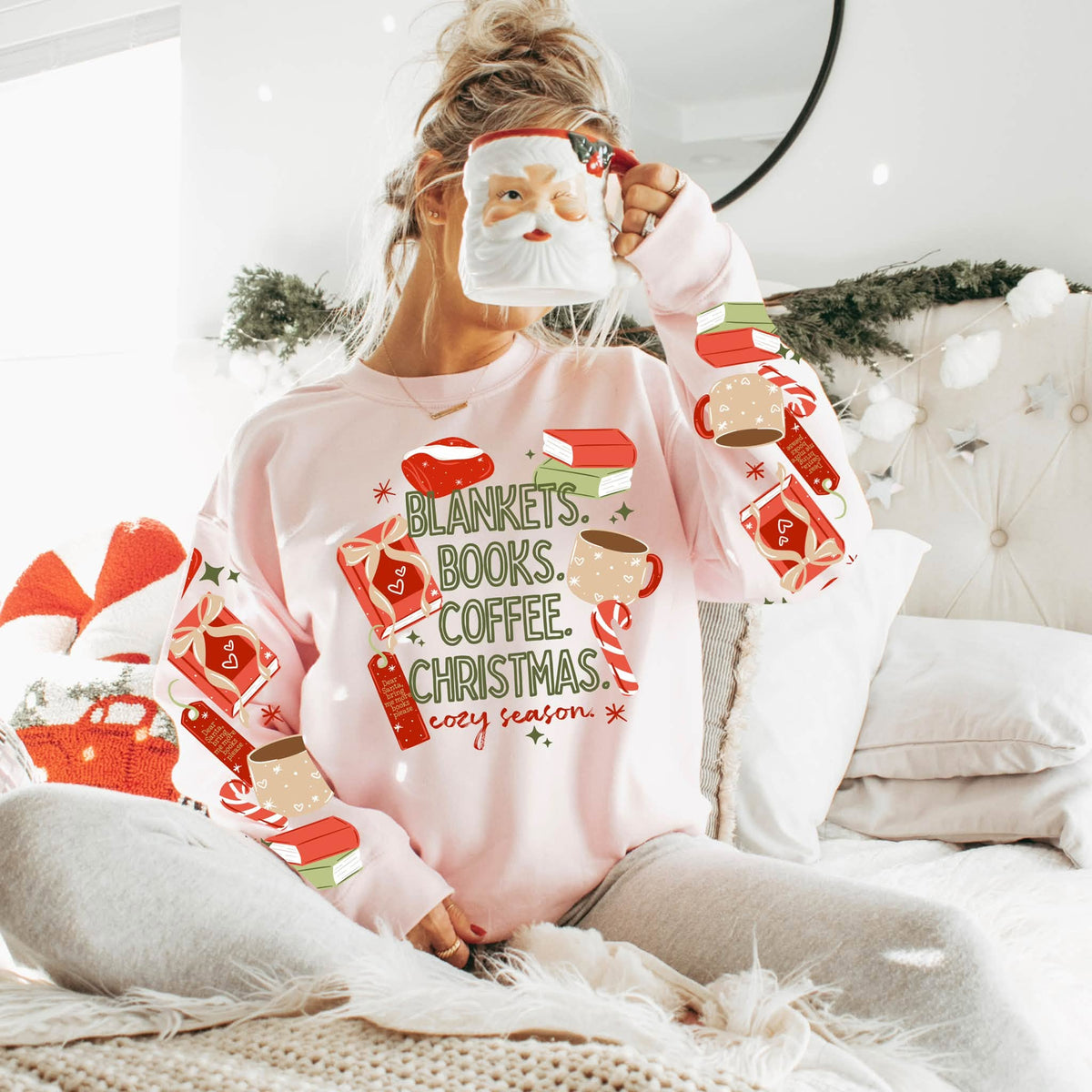 Blankets Books Coffee Christmas Cozy Season on Light Pink Gildan Crewneck with sleeve prints
