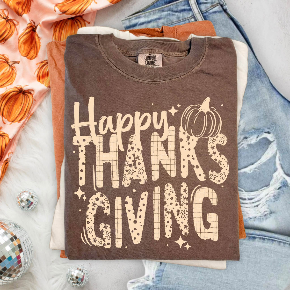 Happy Thanksgiving Patchwork Espresso Comfort Colors Tee