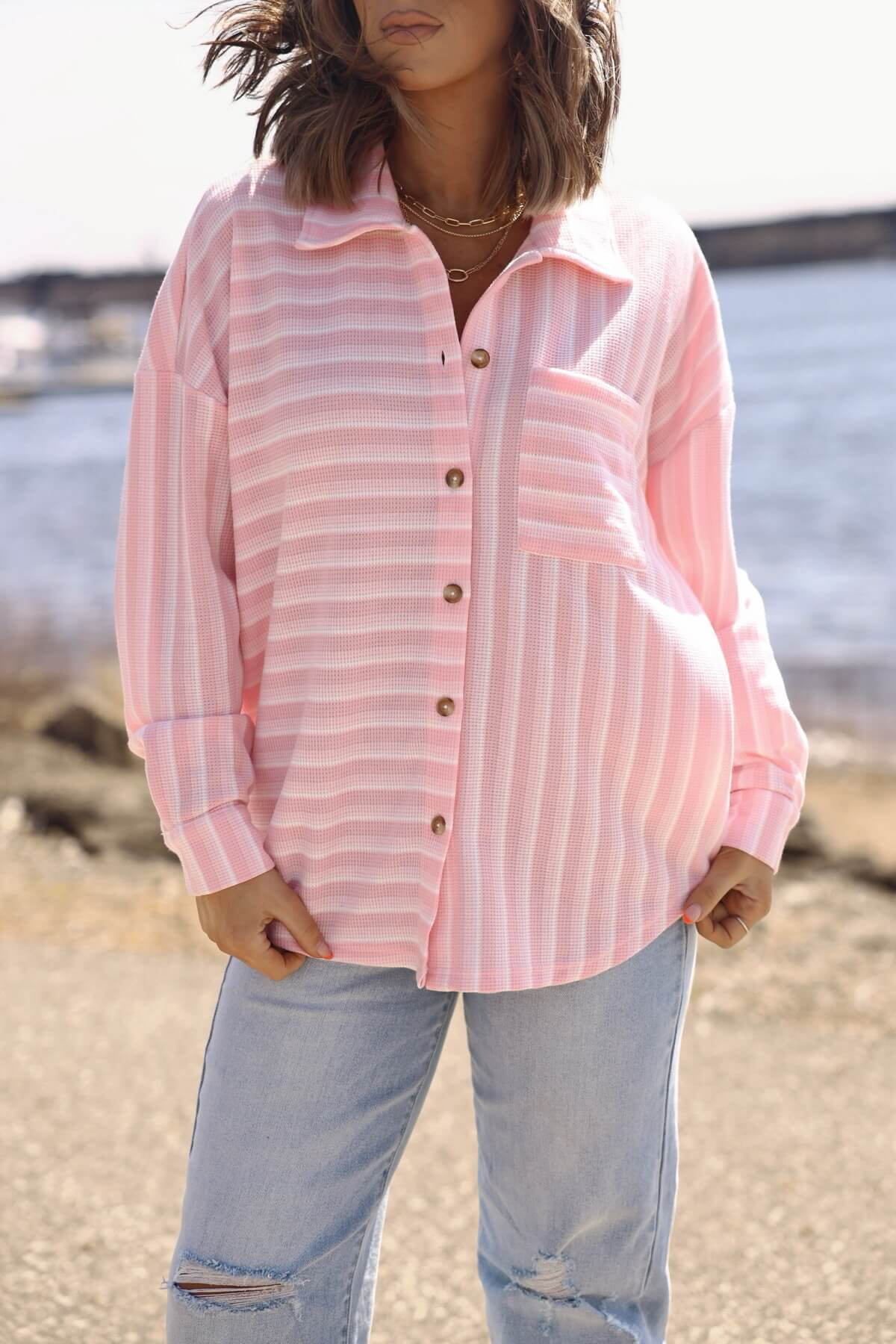 Glenn Pink and White Striped Button Down Top - FINAL SALE
