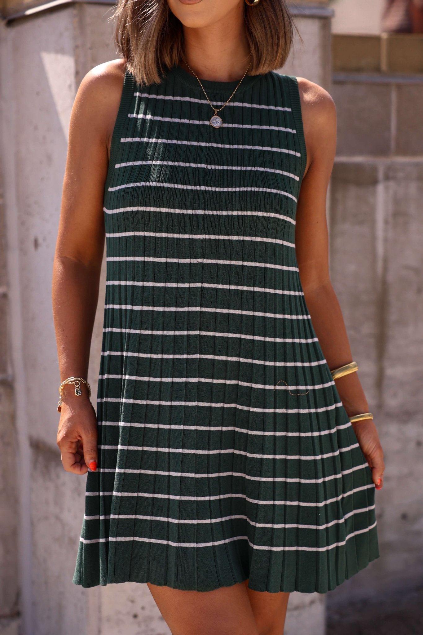 Green Stripe Pleated Mini Dress - DOORBUSTER