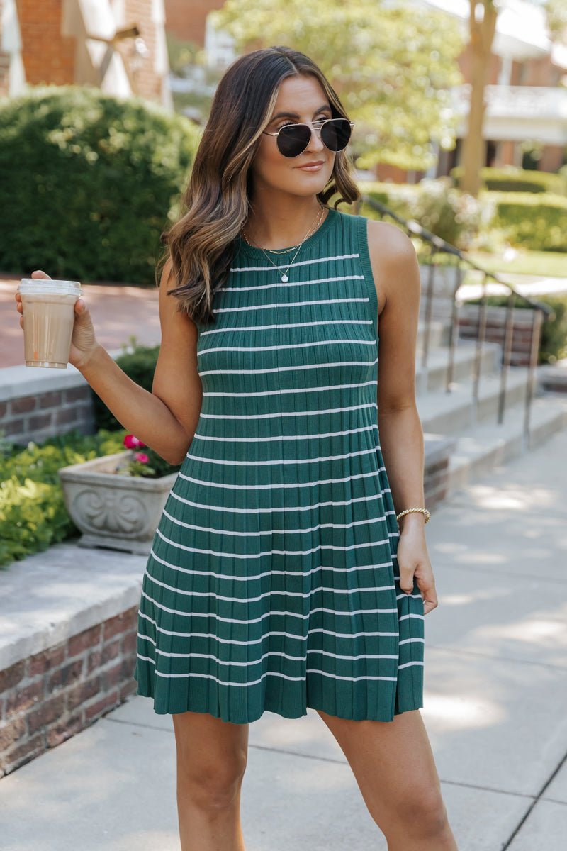 Green Stripe Pleated Mini Dress - DOORBUSTER