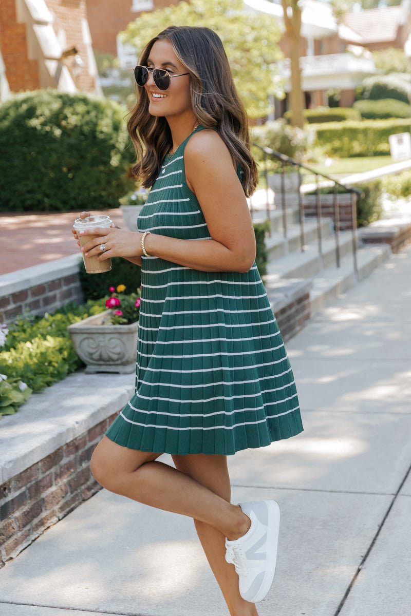 Green Stripe Pleated Mini Dress - DOORBUSTER