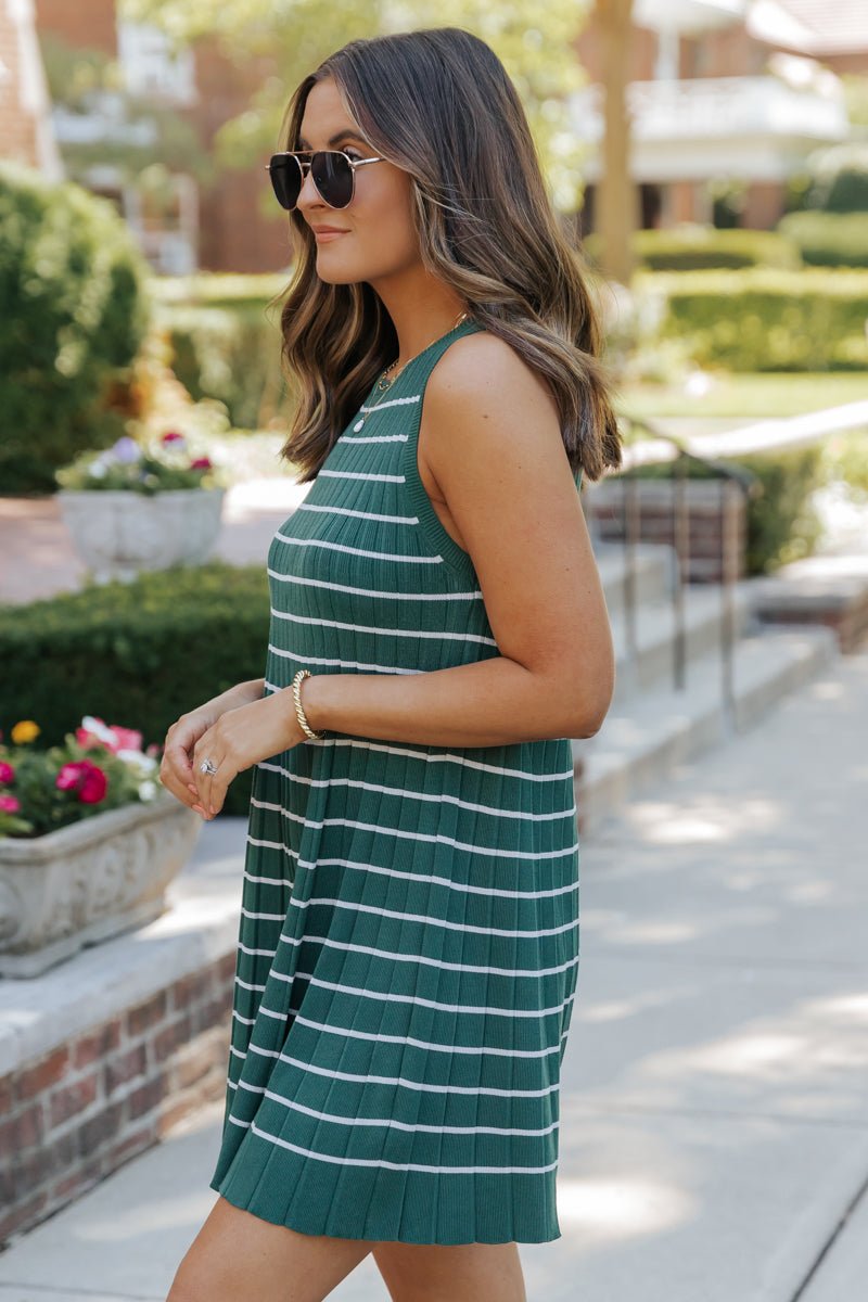 Green Stripe Pleated Mini Dress - DOORBUSTER