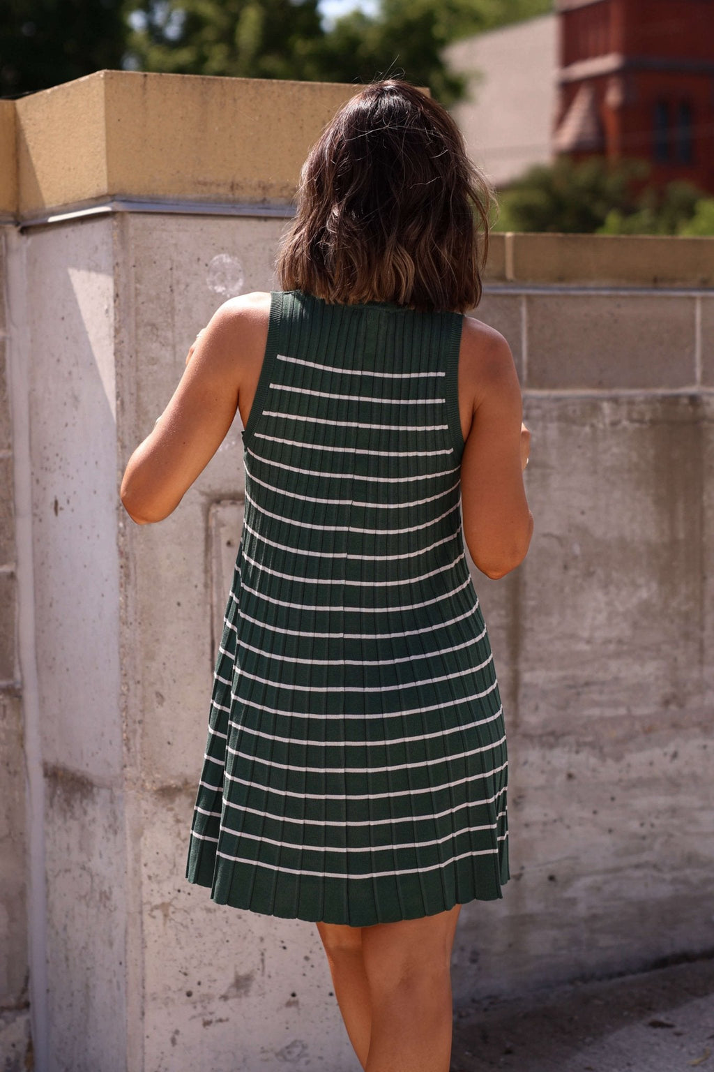 Green Stripe Pleated Mini Dress - DOORBUSTER