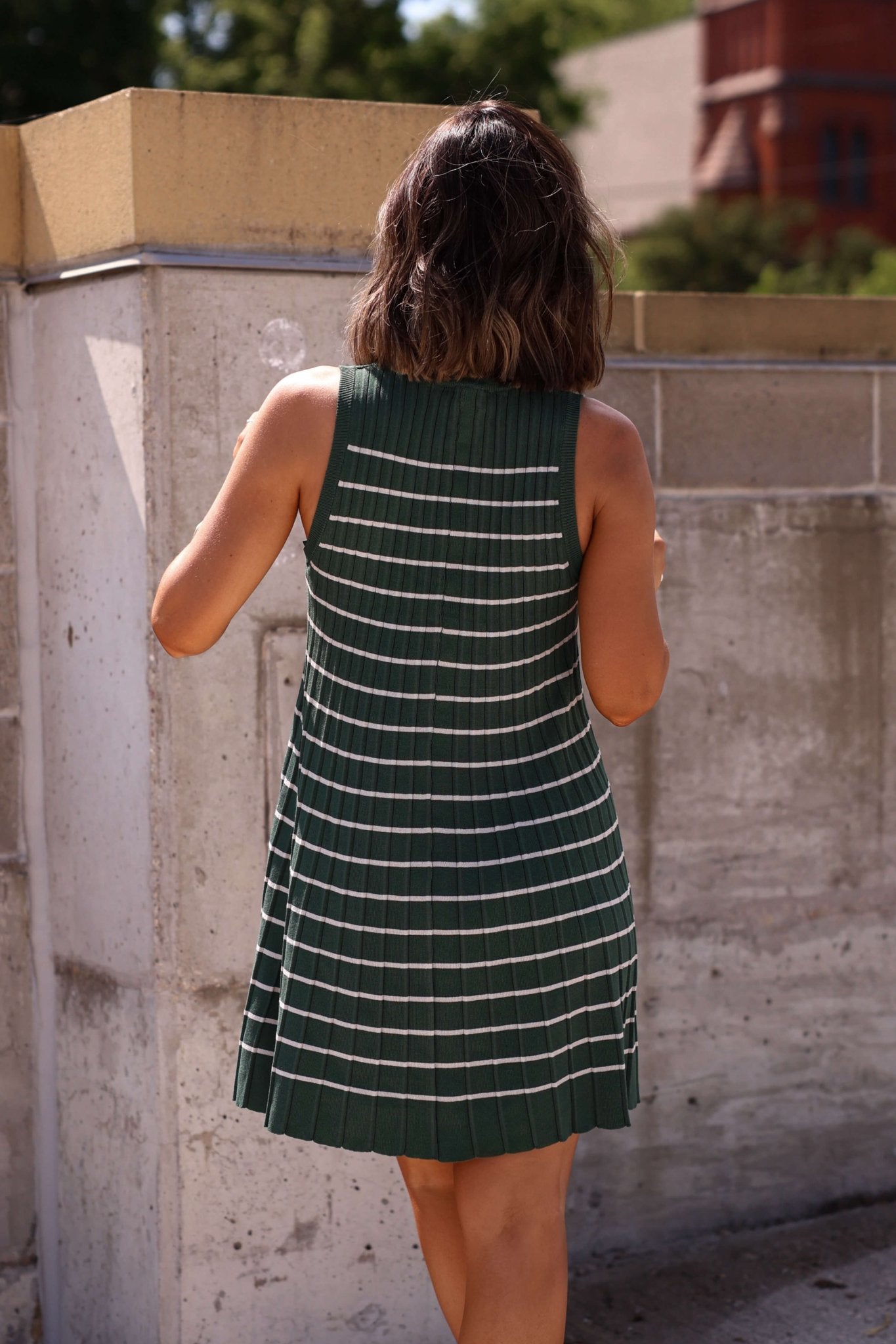 Green Stripe Pleated Mini Dress - DOORBUSTER