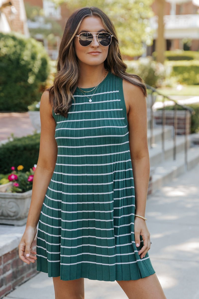 Green Stripe Pleated Mini Dress - DOORBUSTER