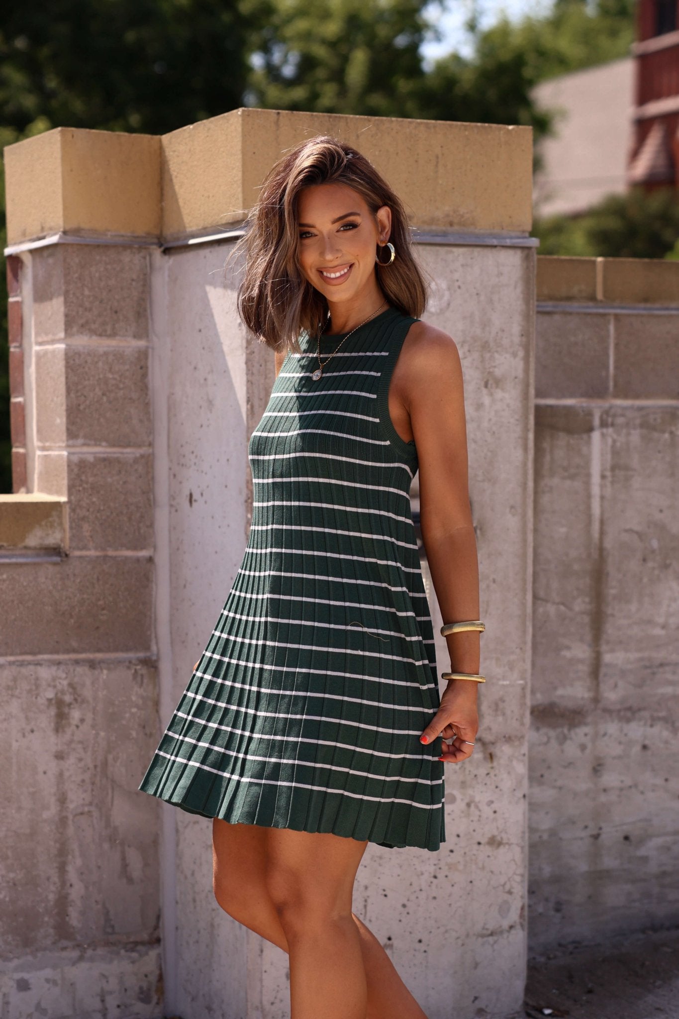 Green Stripe Pleated Mini Dress - DOORBUSTER