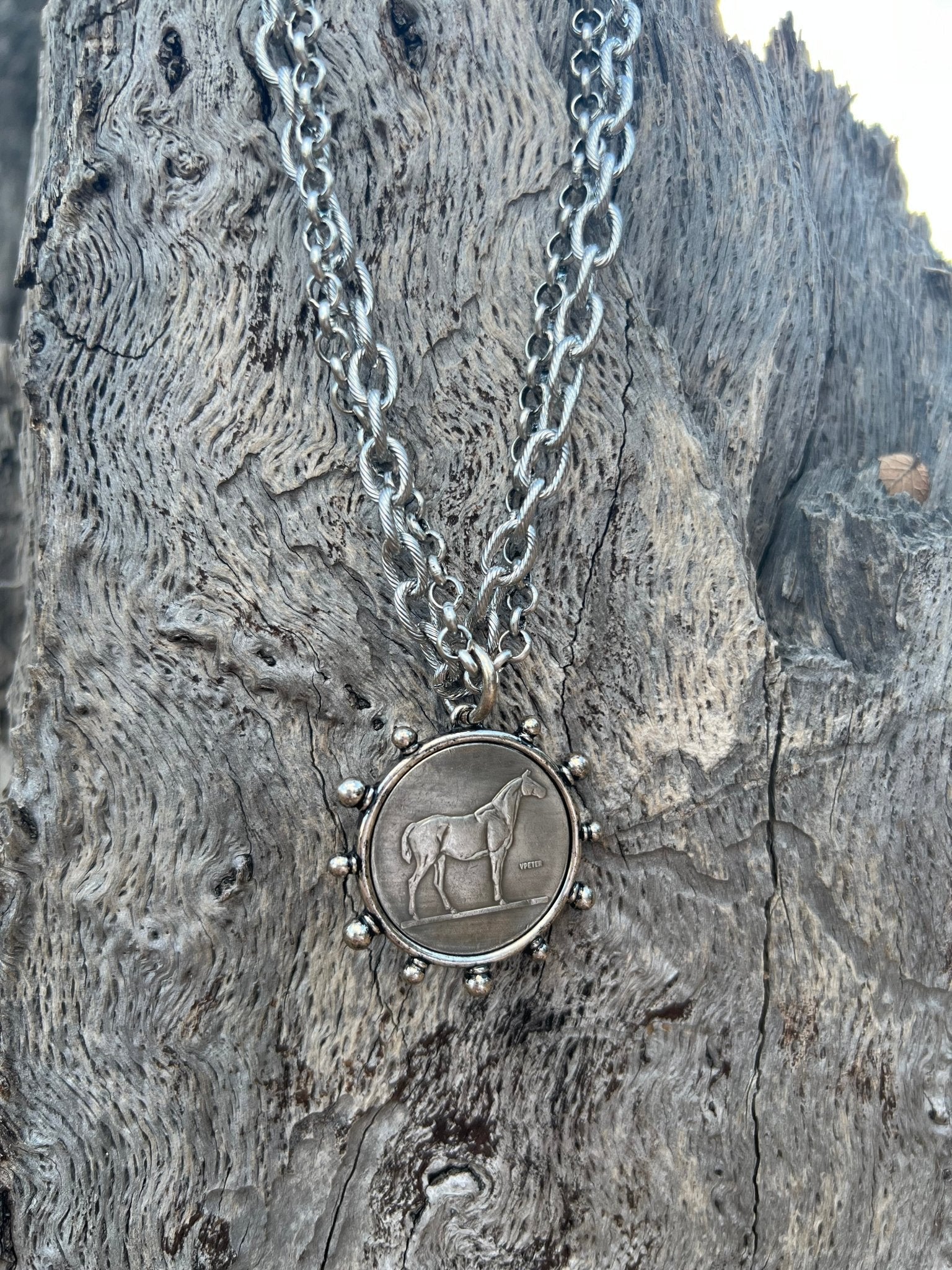 Silver Horse Coin Double Chain Necklace