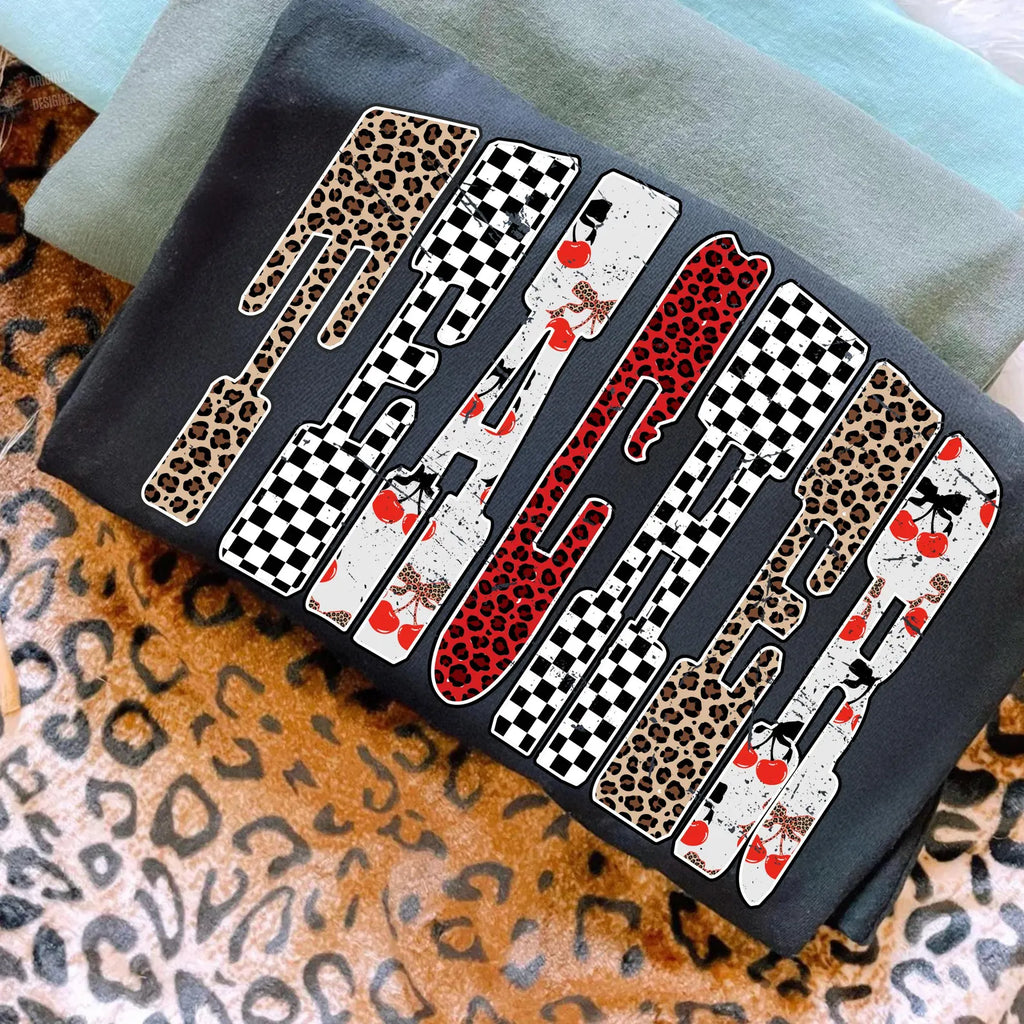 Teacher cherry checker leopard design tee or sweatshirt