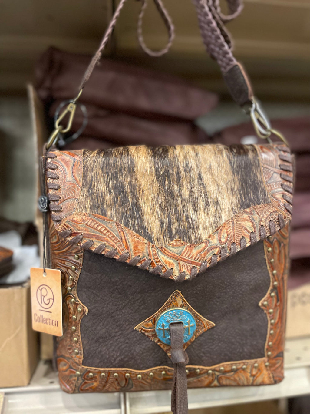 Cowhide Tooled Turquoise Concho Purse