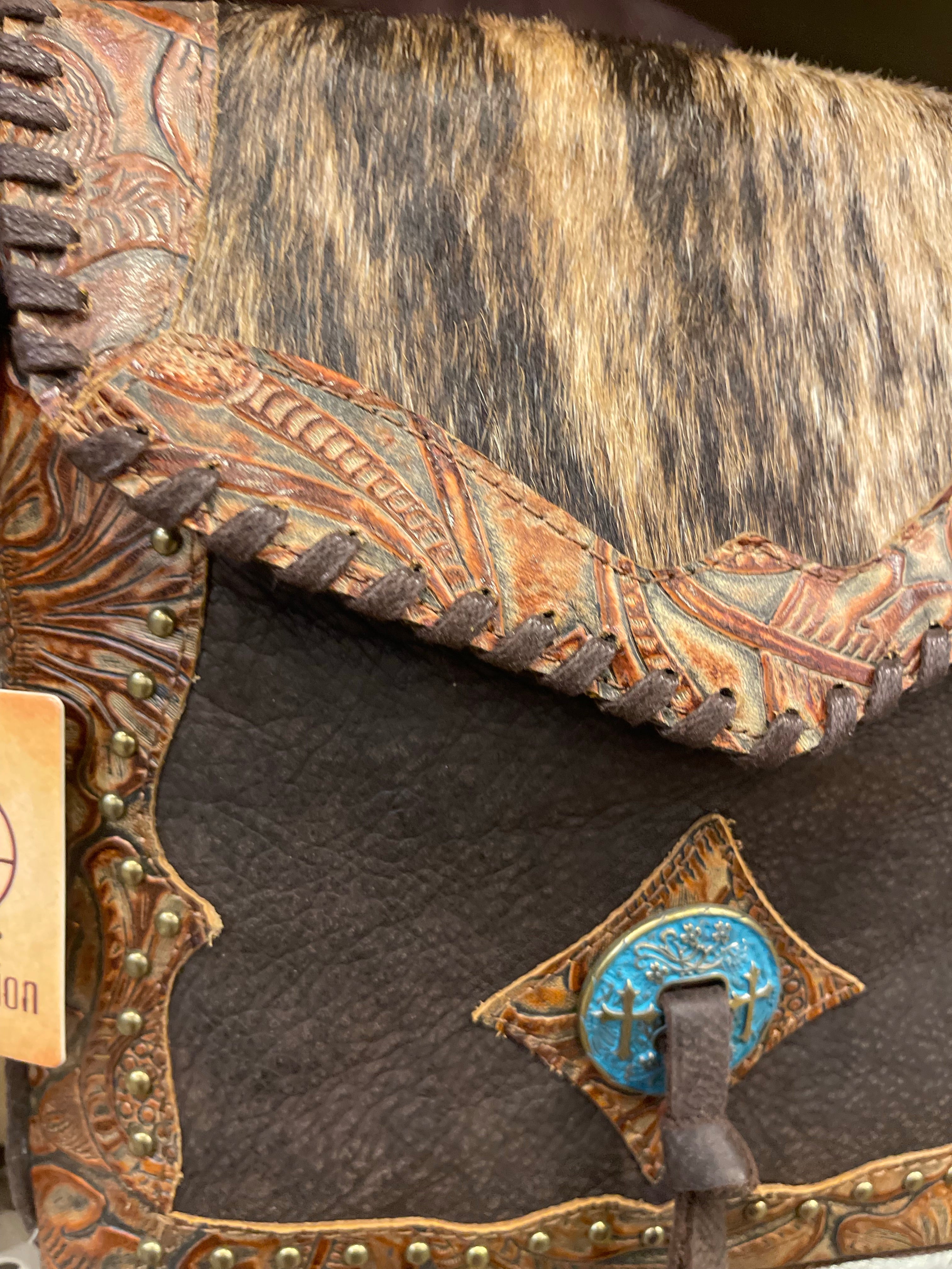 Cowhide Tooled Turquoise Concho Purse