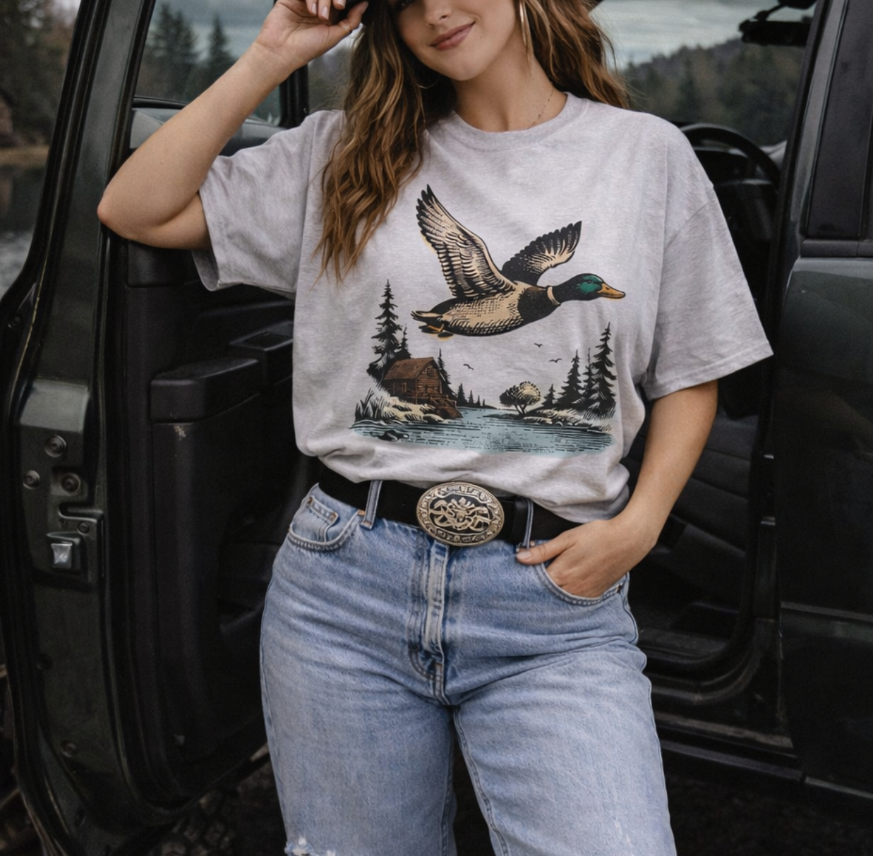 Outdoors Mallard Duck Cabin Scene Graphic Tee Shirt – Graphic Tee, Long Sleeve & Crewneck