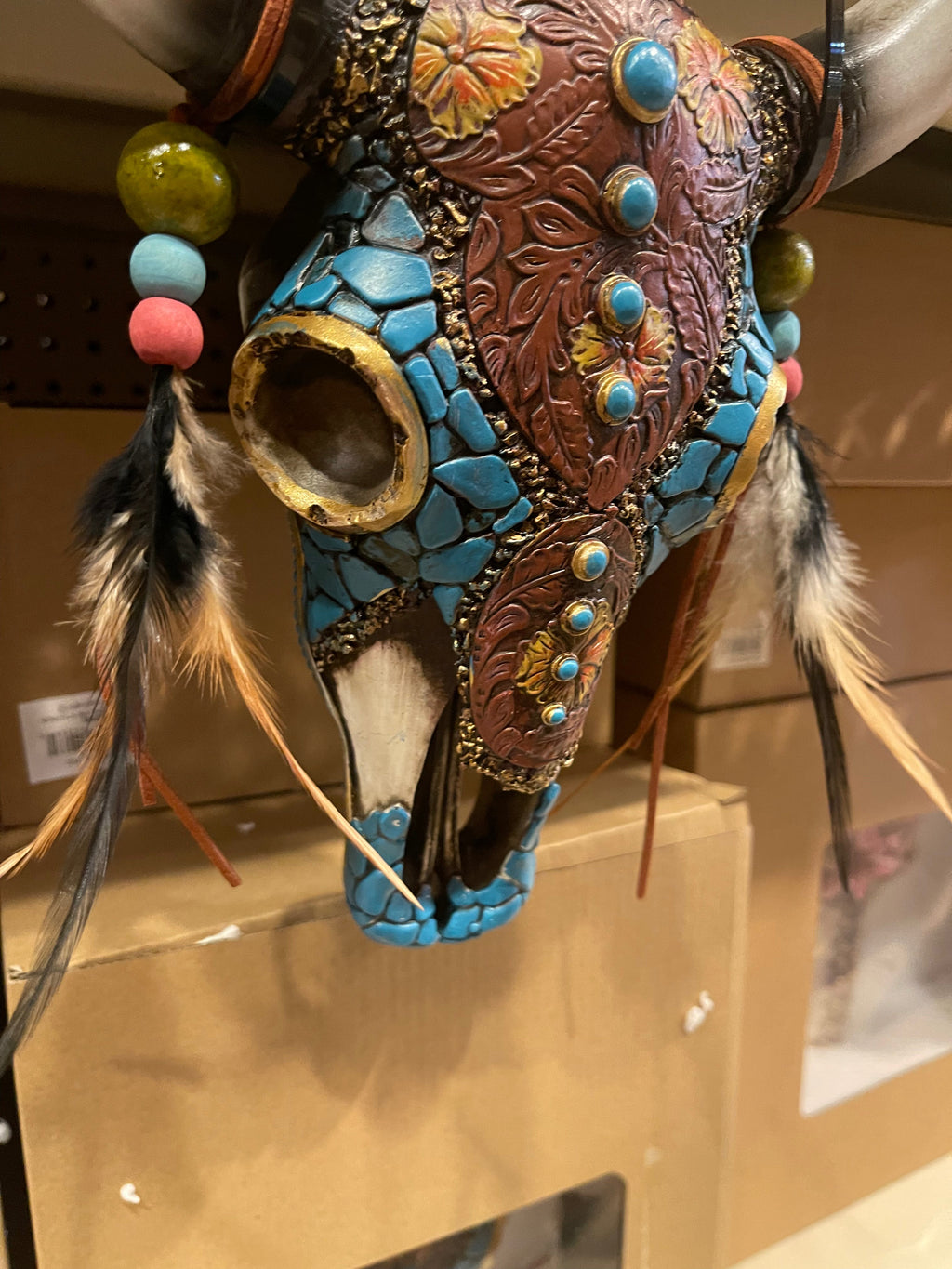 Turquoise Leather Feather Cowskull