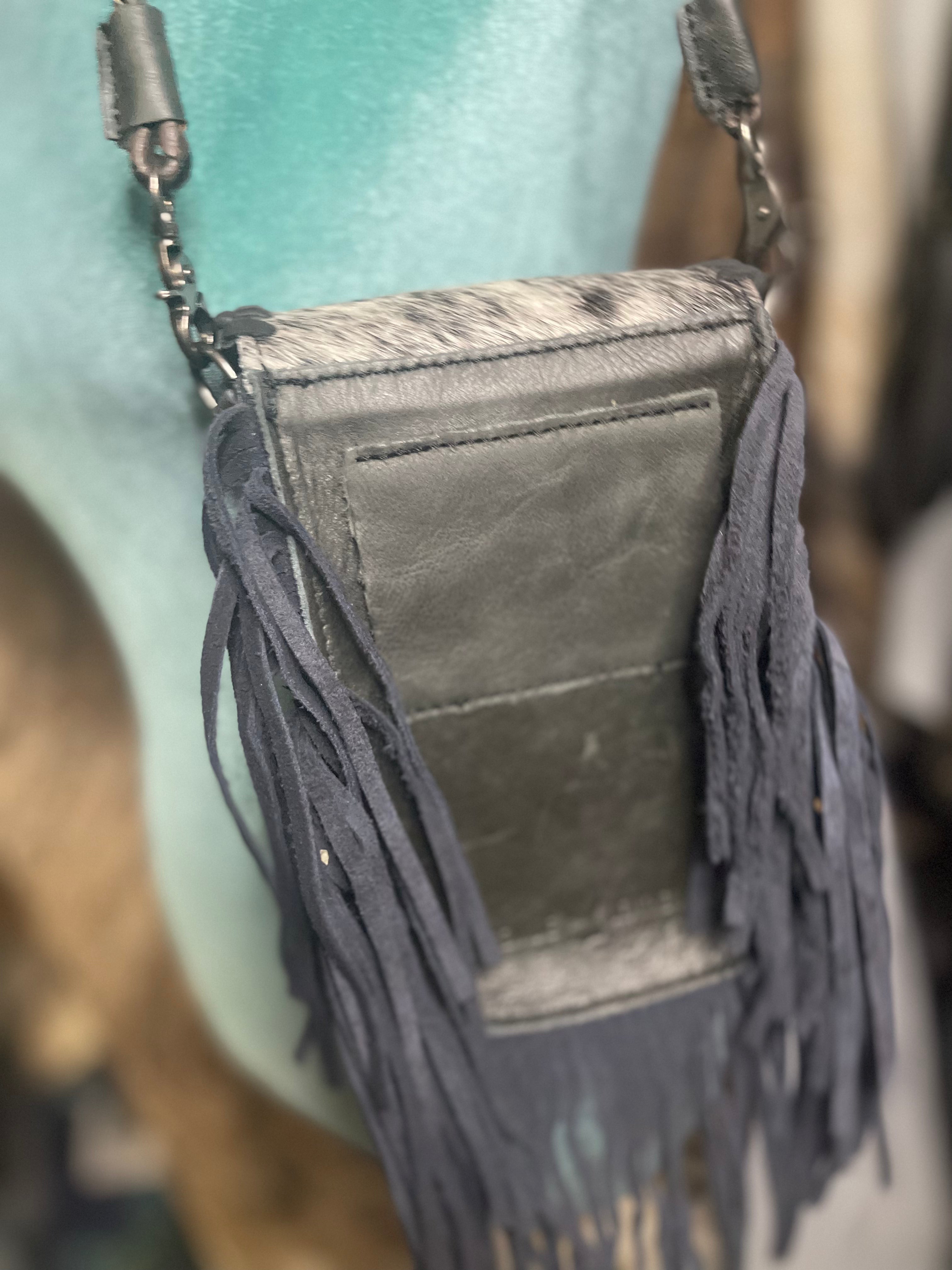 Cowhide Fringe Crossbody Purse Black
